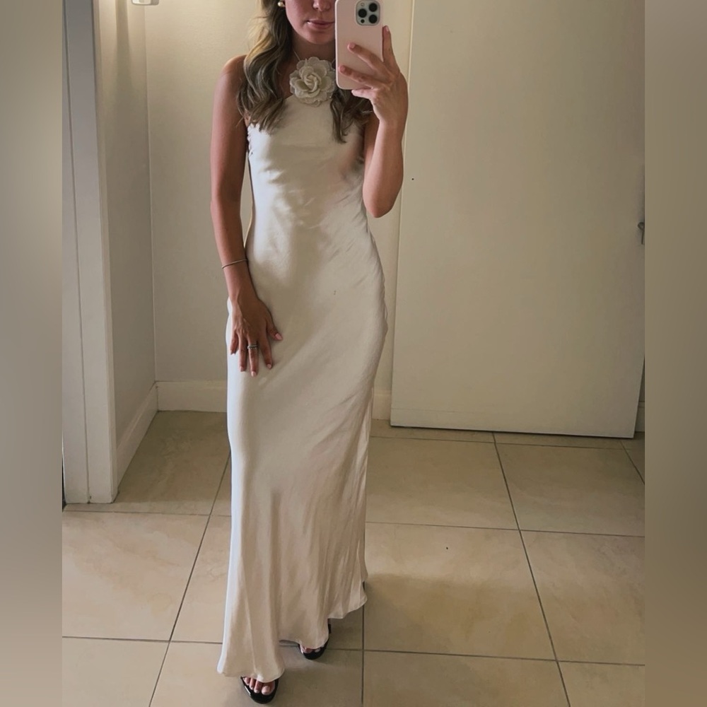 Halter tie Selfie Leslie Long Champagne Dress